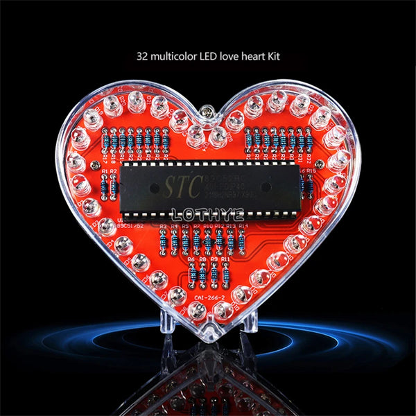 Kit electrónico de bricolaje con luz de flujo en forma de corazón LED multicolor, 51 microcontroladores RGB, lámpara de agua con forma de corazón de amor colorido, entrenamiento de soldadura