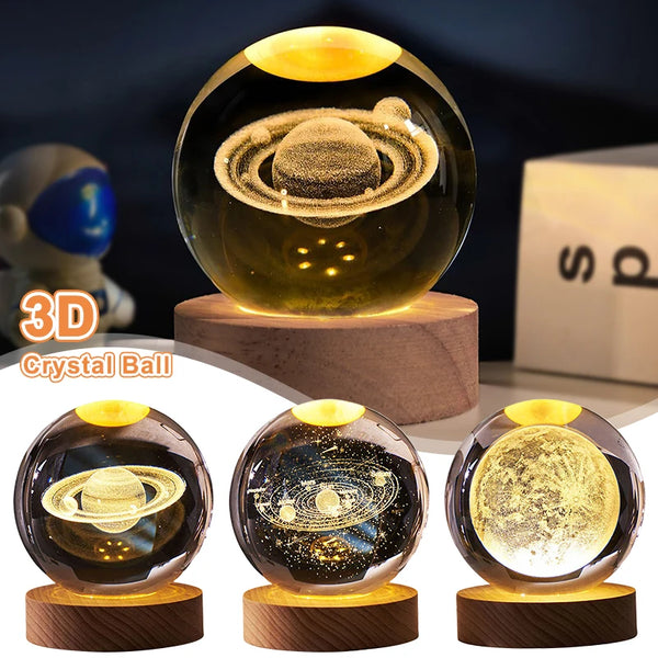 Lámpara de noche LED con forma de bola de cristal luminosa, sistema solar de Saturno, lámpara de mesa con forma de luna 3D, lámpara de ambiente USB para dormitorio, regalo de cumpleaños para niños